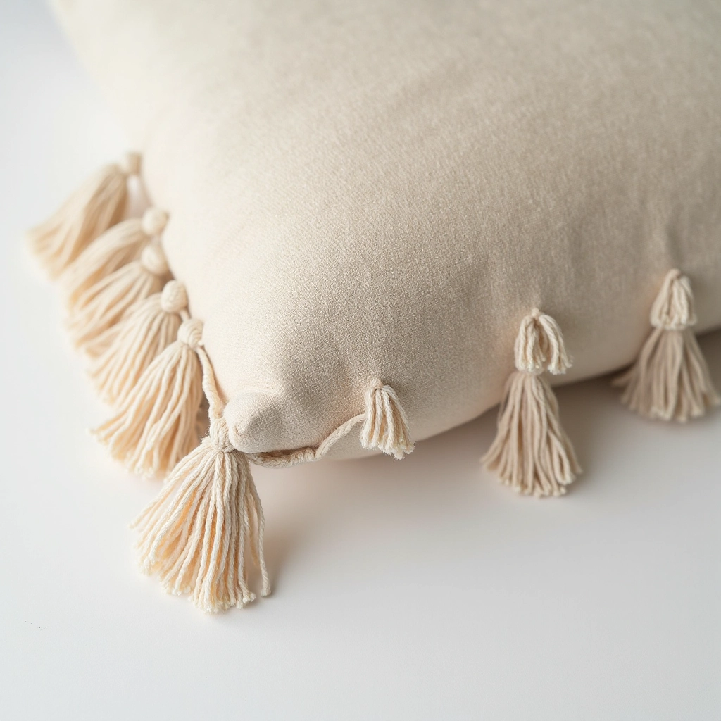 Close-up detail of linen fringe on throw pillow, showing handmade tassels and texture of natural linen weave