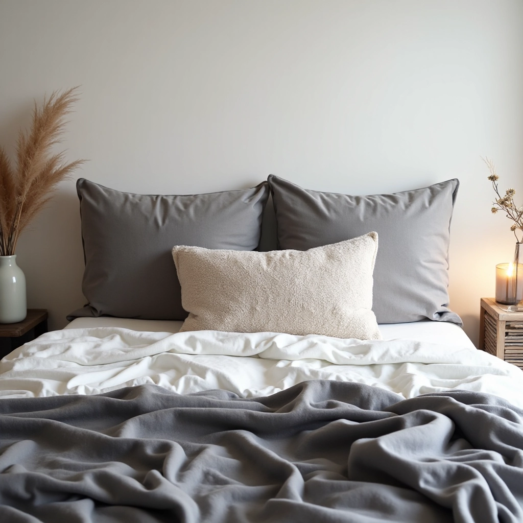 Styled apartment living room with layered charcoal linen pillows on bed, minimal decor, warm ambient lighting creating cozy atmosphere