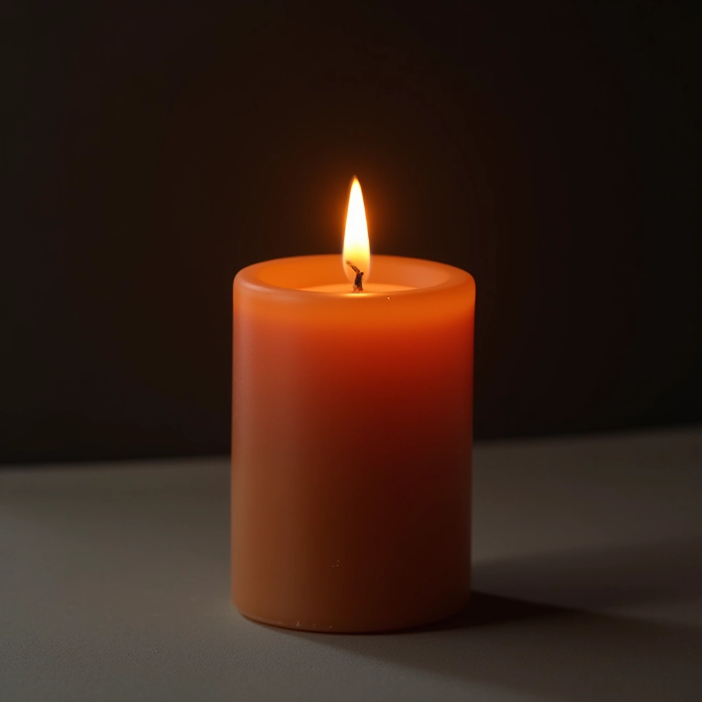 Lit terra cotta pillar candle with visible flame detail, warm glow against dark background showing clean burn and flame characteristics