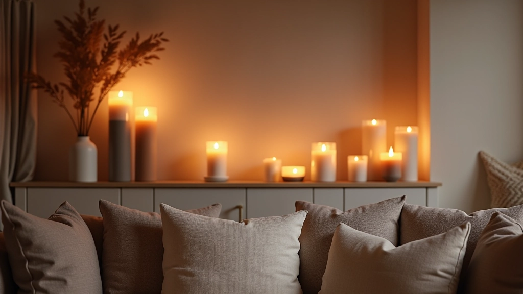 Beautifully decorated cozy apartment with candles, vases, and throw pillows creating warm ambiance