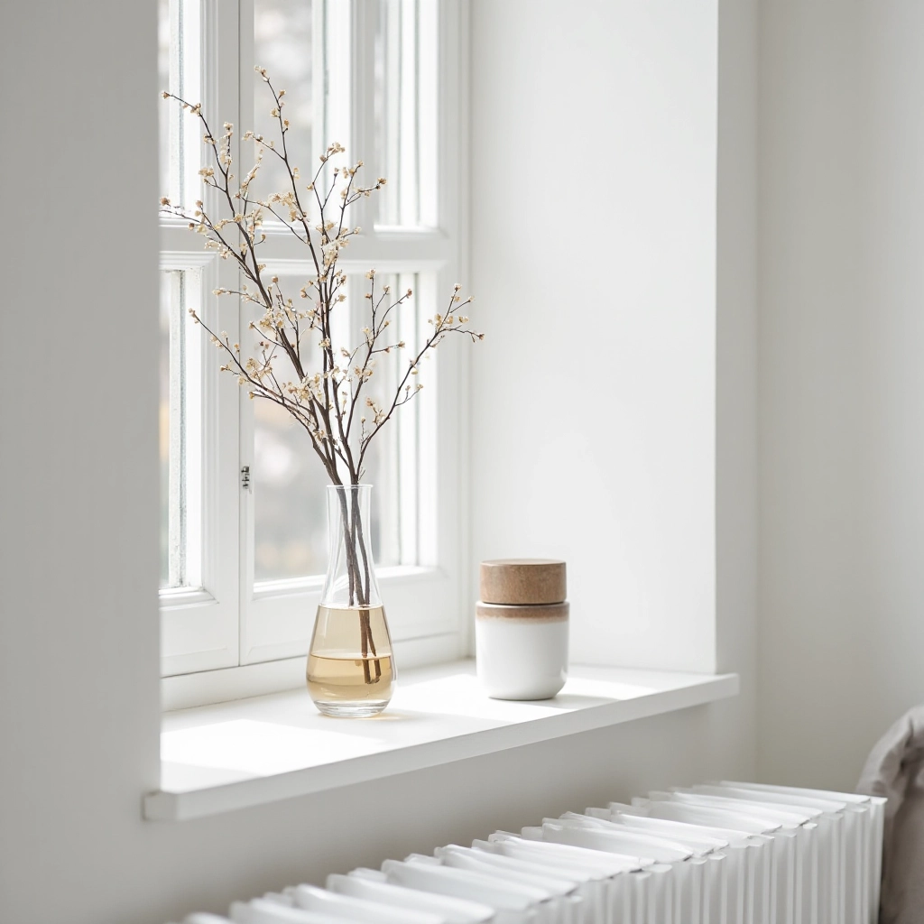 Modern apartment living room with gradient glass vase displayed on white floating shelf, natural light from window, minimalist Scandinavian decor style