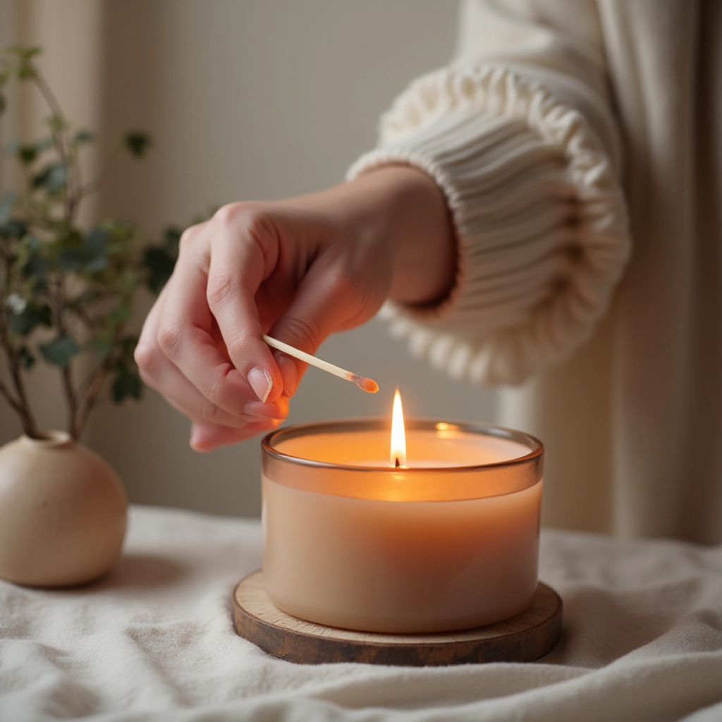 Hand lighting wooden wick candle with match, warm glow illuminating surrounding space, cozy home interior