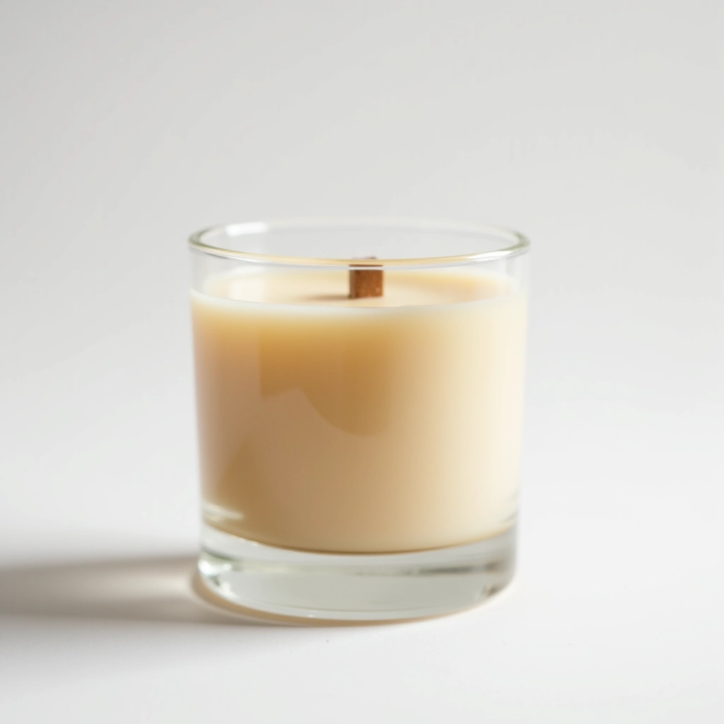 Hand-poured soy candle in clear glass jar with warm cedarwood and amber scent, label visible
