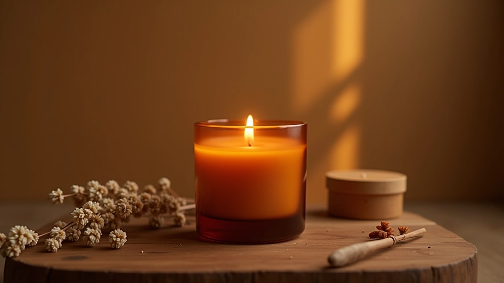 Ember Nights Soy Candle in cedarwood and amber scent, styled on wooden surface with dried botanicals